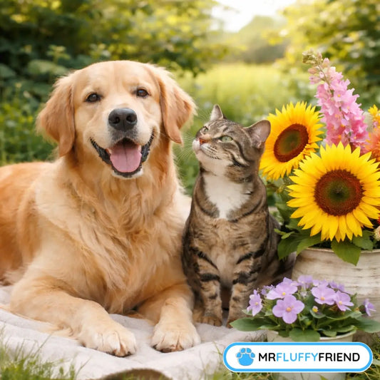 Ein Golden Retriever und eine getigerte Katze sitzen neben haustiersicheren Sonnenblumen und Phalaenopsis-Orchideen.