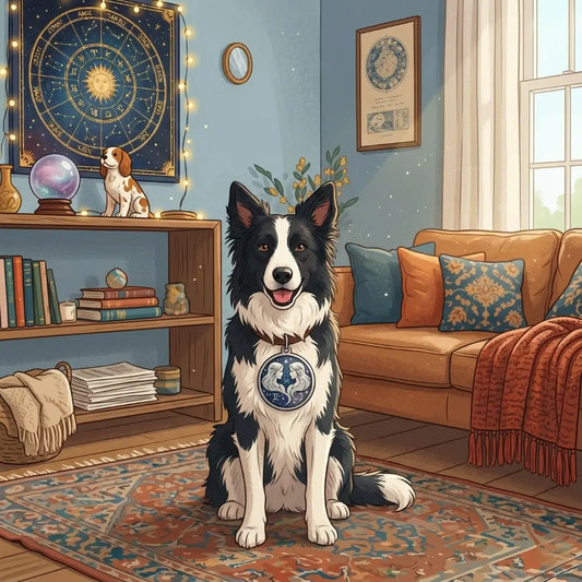 Ein Border Collie mit einem Zwillinge-Medaillon in einem gemütlichen Arbeitszimmer, das zeigt, wie bestimmte Hunderassen-Sternzeichen zu bestimmten Persönlichkeiten passen.